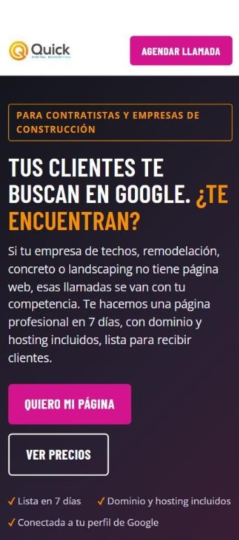 Landing page para contratistas de Quick Digital Marketing en un celular
